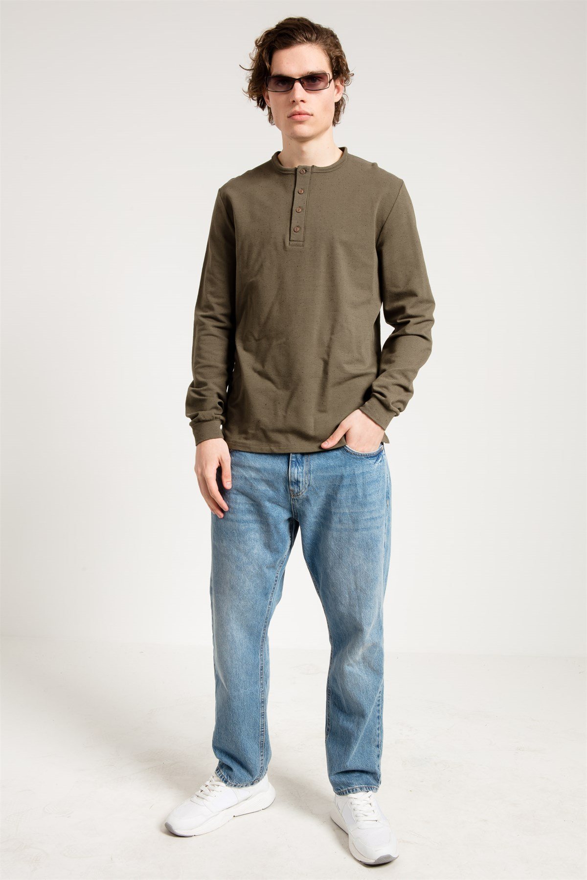 Düğmeli Uzun Kollu Haki Erkek Sweatshirt