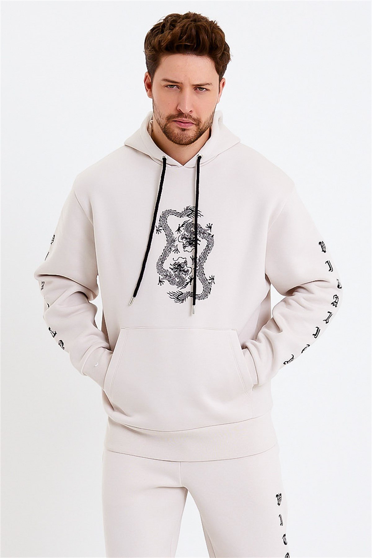 Ejderha Baskılı Krem Oversize Erkek Sweatshirt