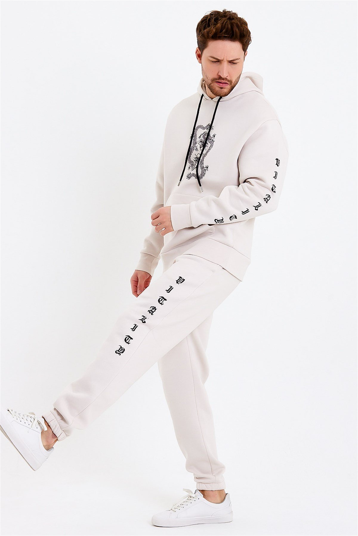 Ejderha Baskılı Krem Oversize Erkek Sweatshirt