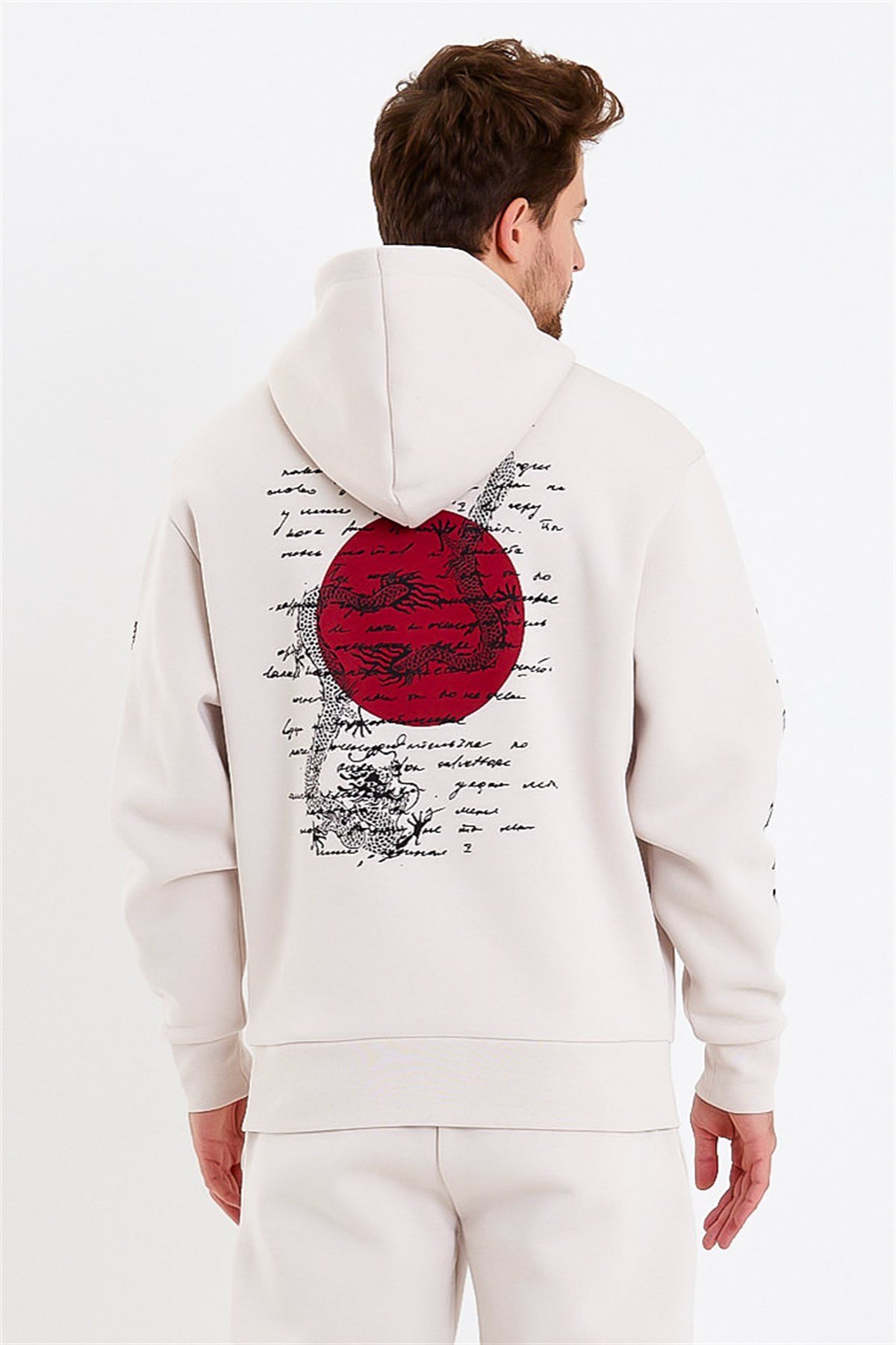 Ejderha Baskılı Krem Oversize Erkek Sweatshirt