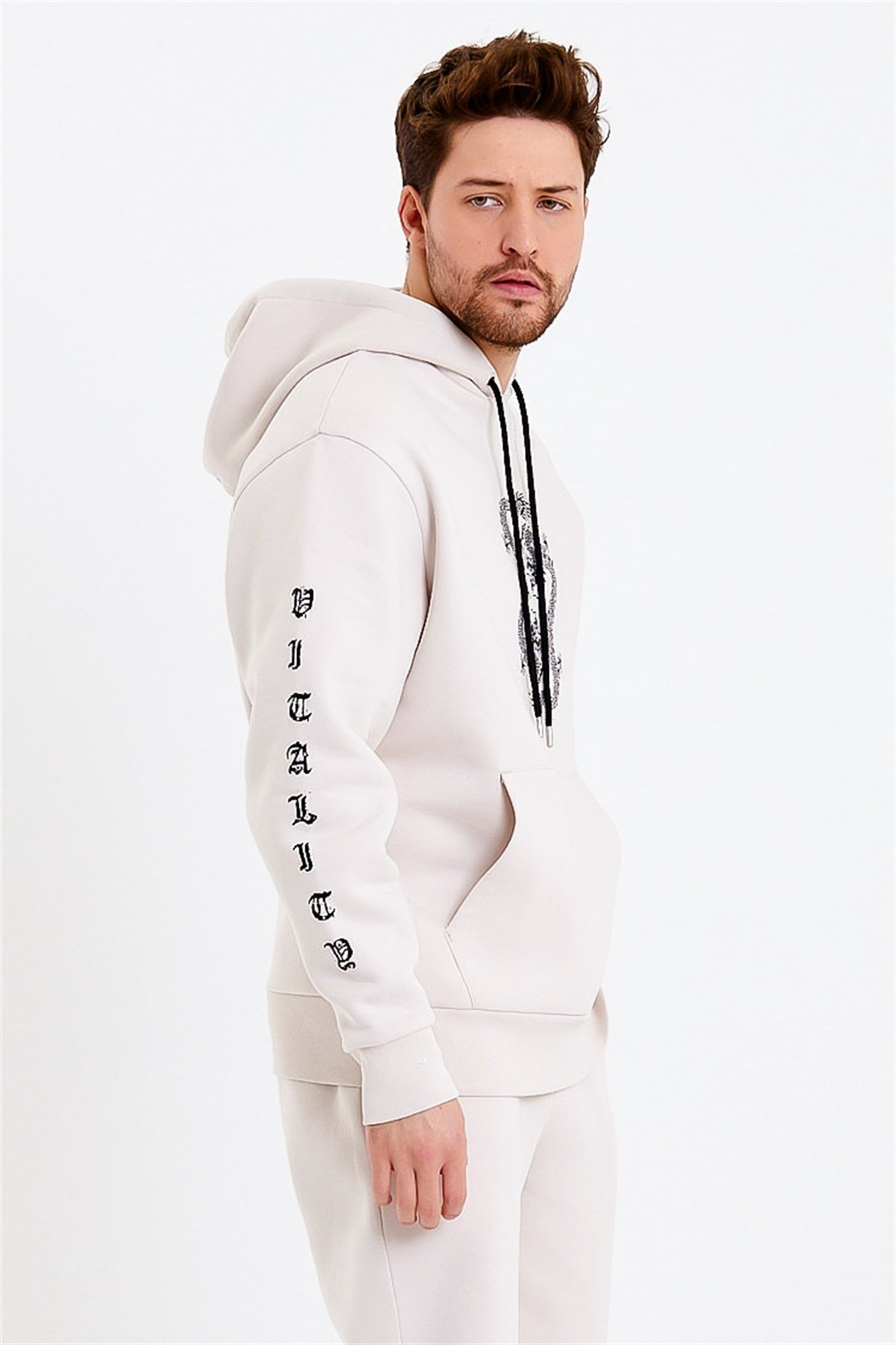 Ejderha Baskılı Krem Oversize Erkek Sweatshirt