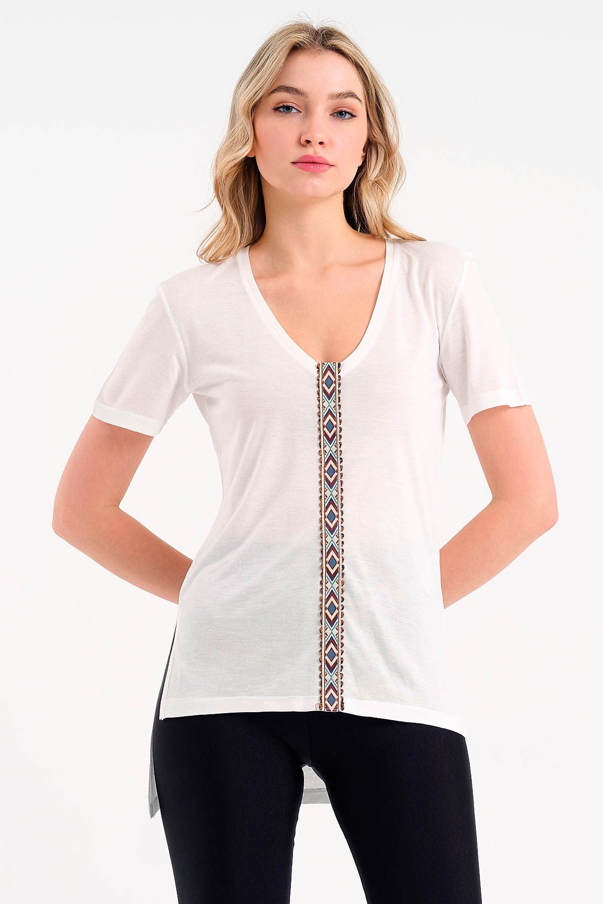 Striped V Neck T-shirt in White
