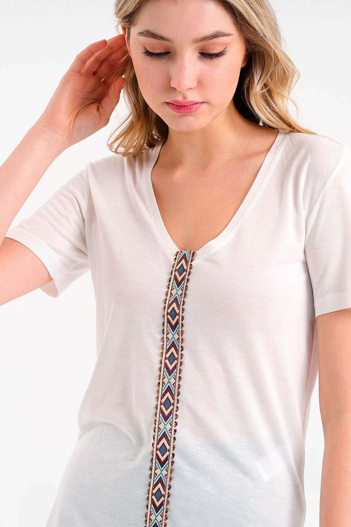 Striped V Neck T-shirt in White