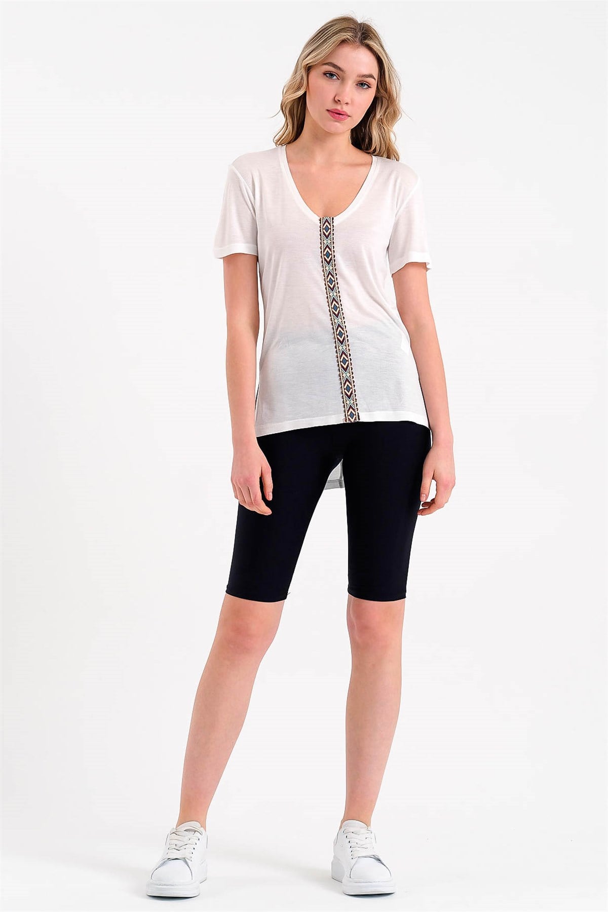 Striped V Neck T-shirt in White