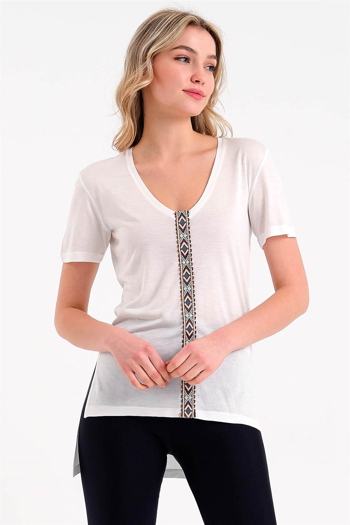 Striped V Neck T-shirt in White
