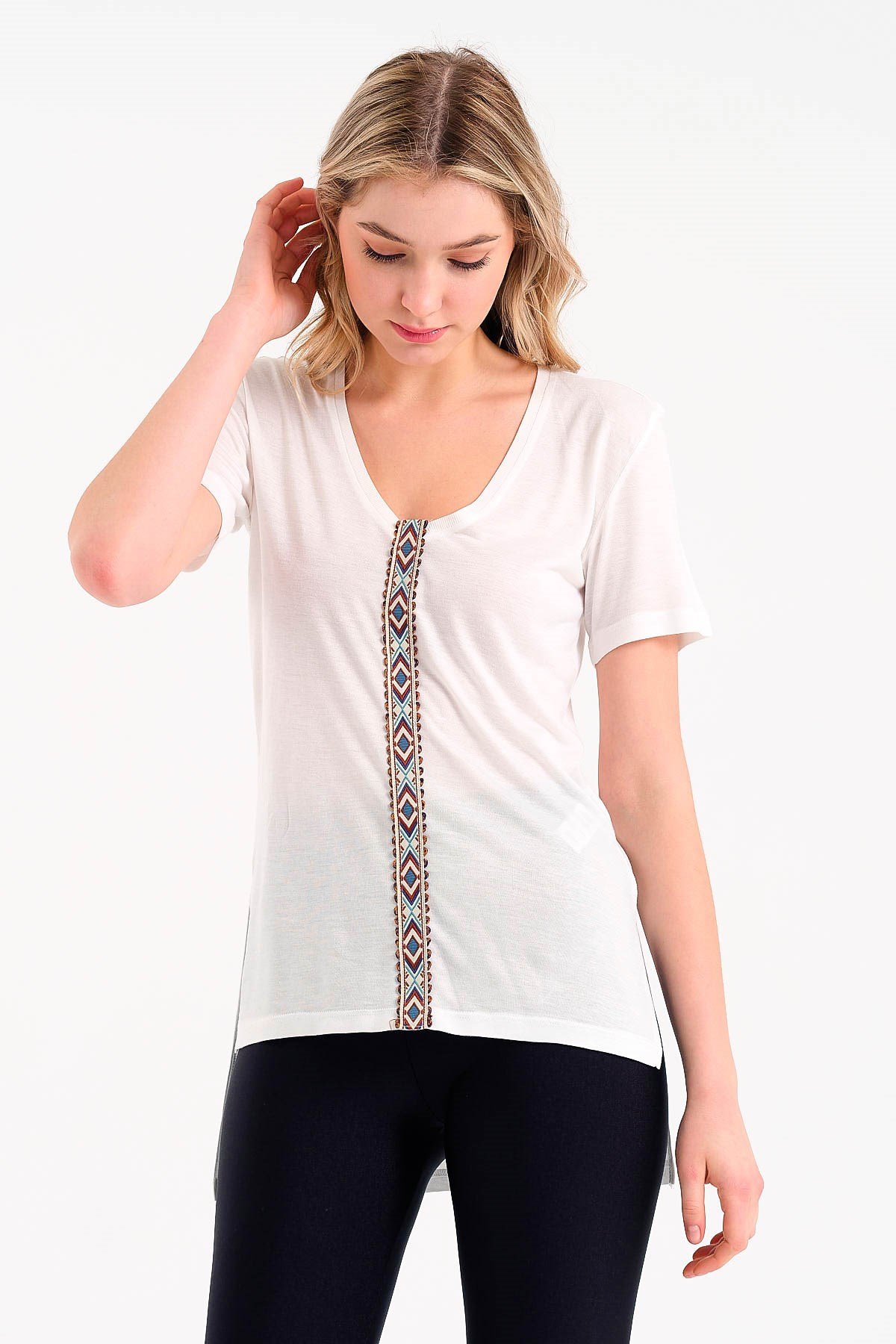 Striped V Neck T-shirt in White