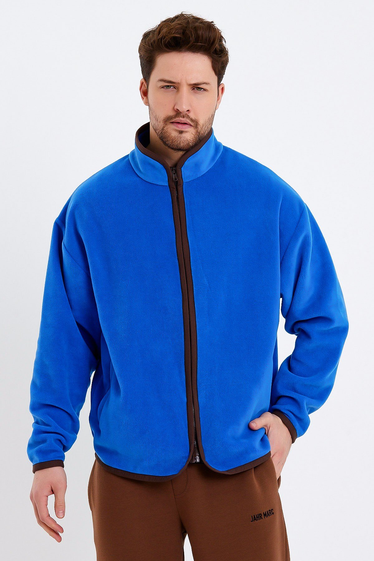 Fermuarlı Dik Yaka Mavi Polar Ceket