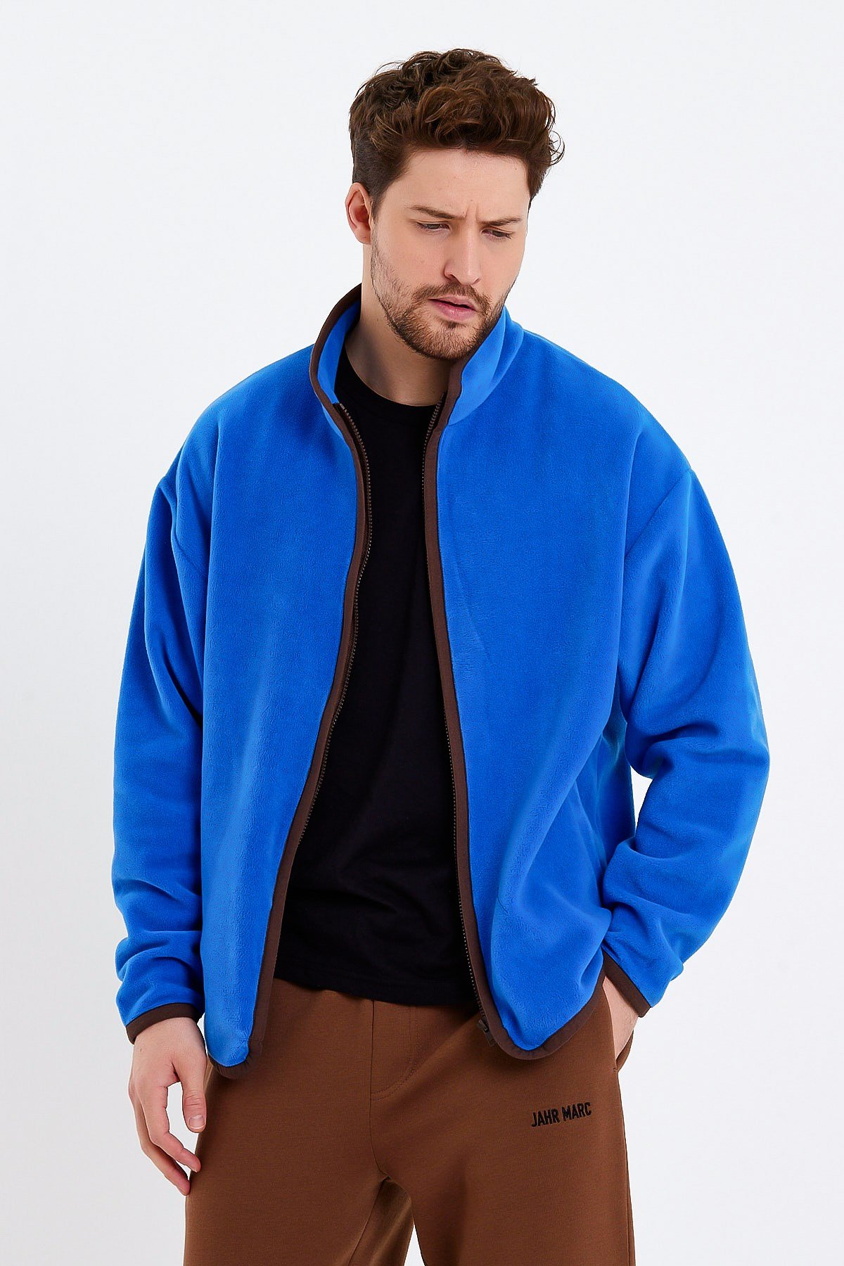 Fermuarlı Dik Yaka Mavi Polar Ceket