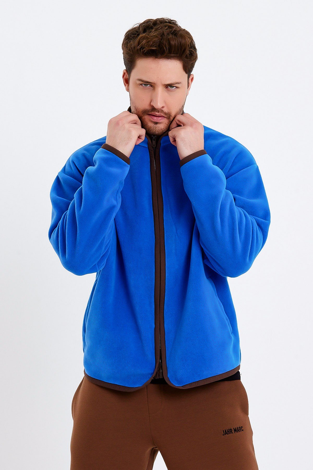 Fermuarlı Dik Yaka Mavi Polar Ceket