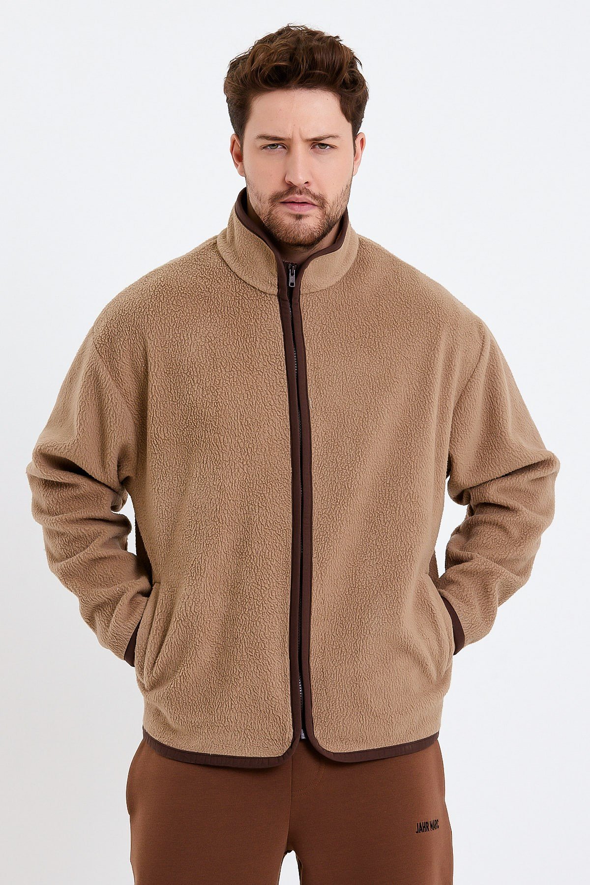 Fermuarlı Dik Yakalı Bej Erkek Polar Ceket