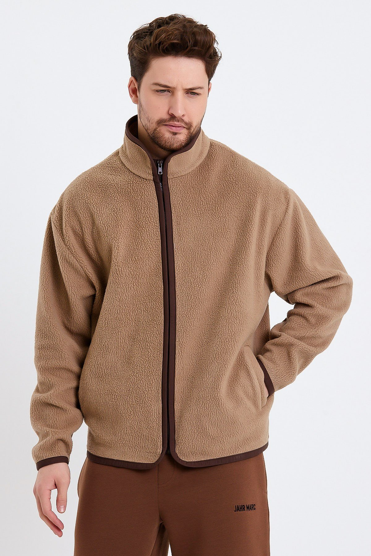 Fermuarlı Dik Yakalı Bej Erkek Polar Ceket