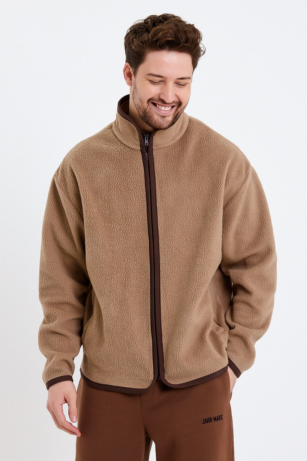 Fermuarlı Dik Yakalı Bej Erkek Polar Ceket
