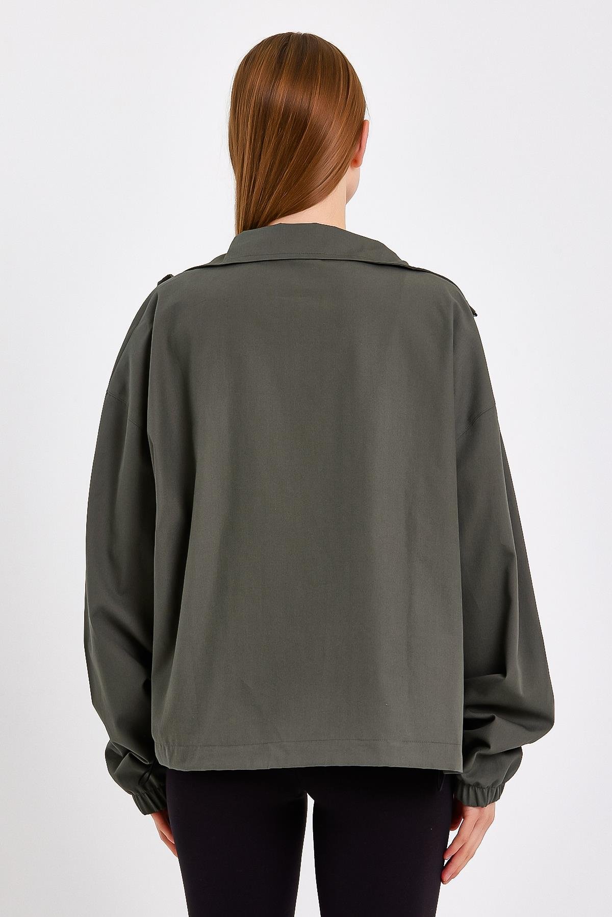 Fermuarlı Haki Kadın Yağmurluk