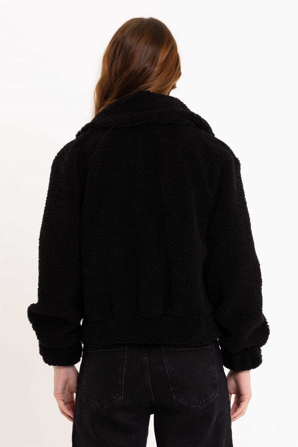 Fermuarlı Kadın Siyah Peluş Ceket
