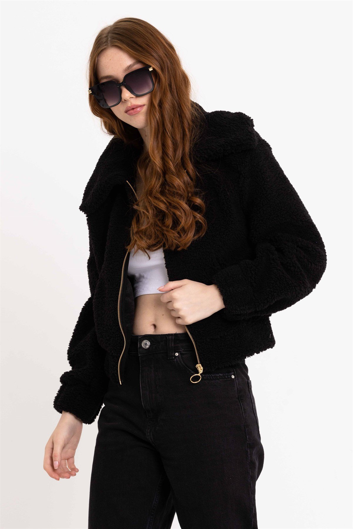 Fermuarlı Kadın Siyah Peluş Ceket