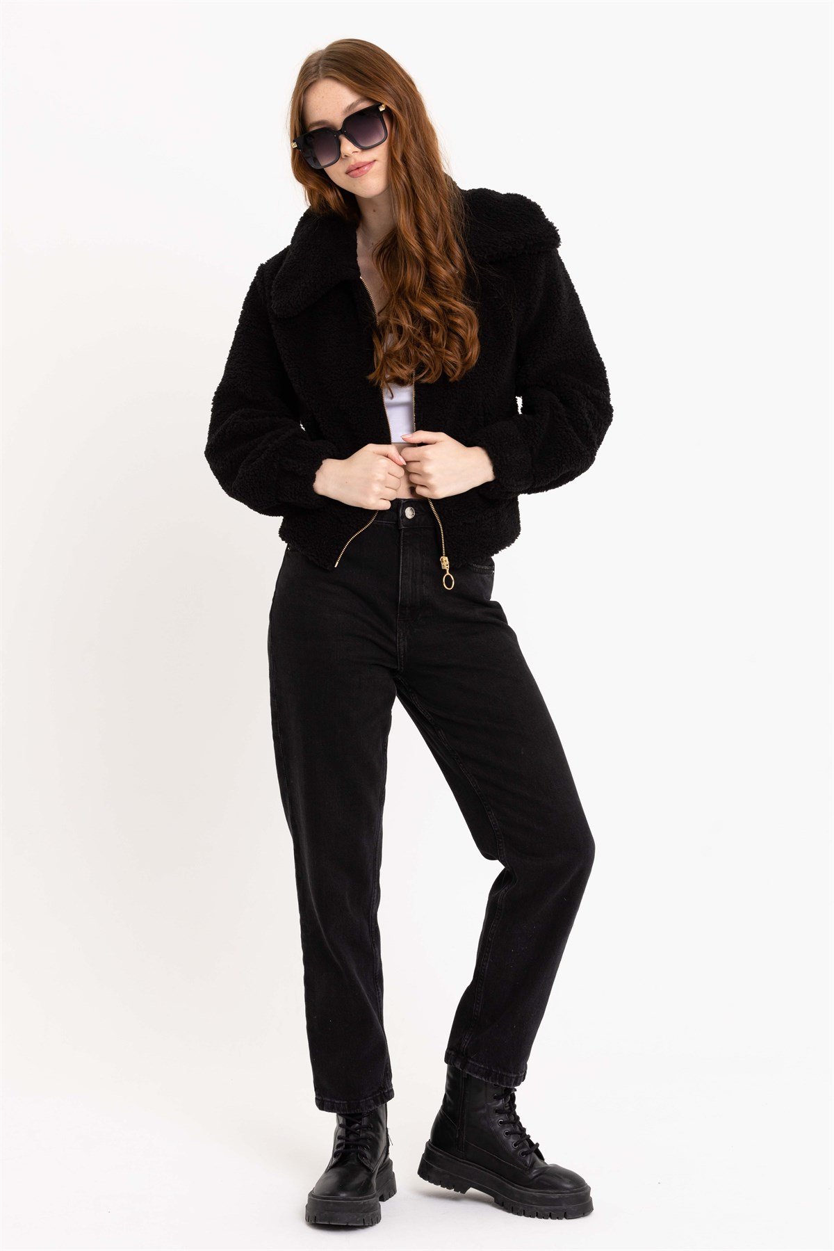 Fermuarlı Kadın Siyah Peluş Ceket