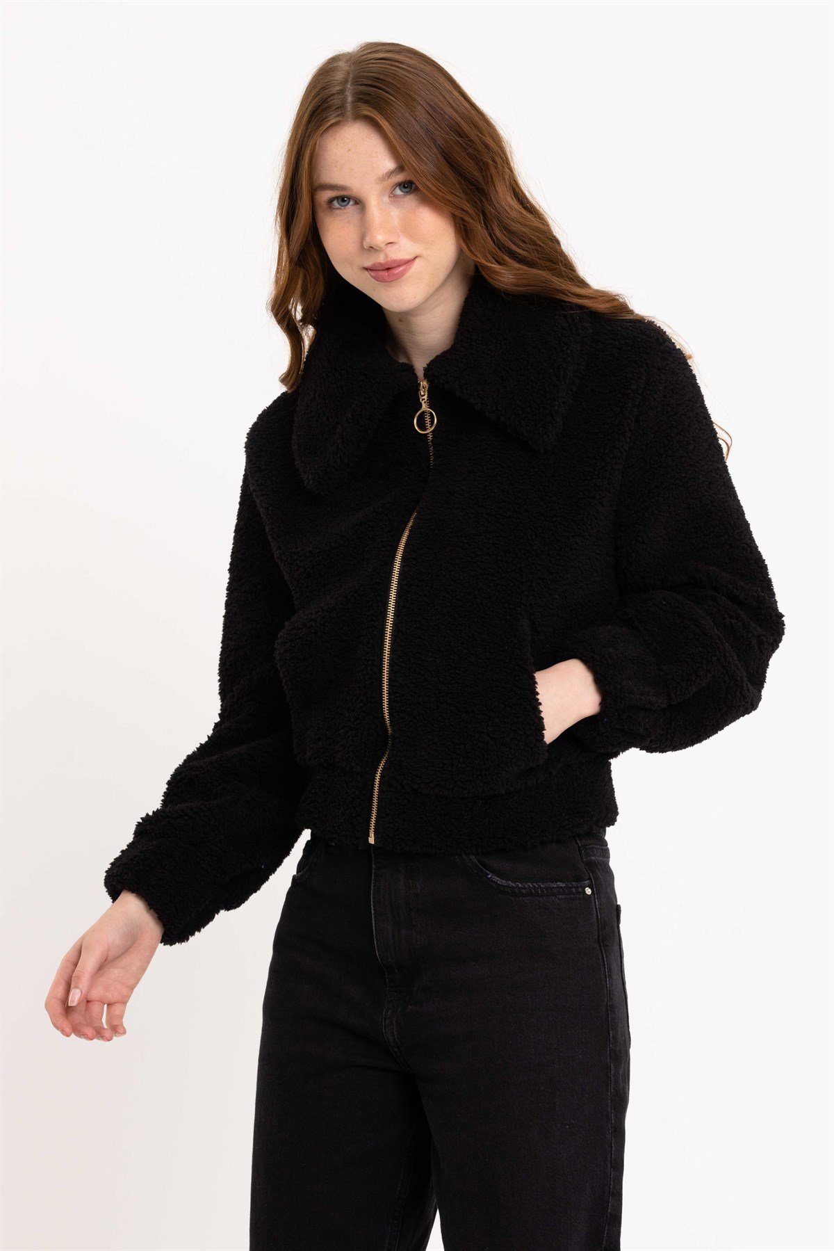 Fermuarlı Kadın Siyah Peluş Ceket
