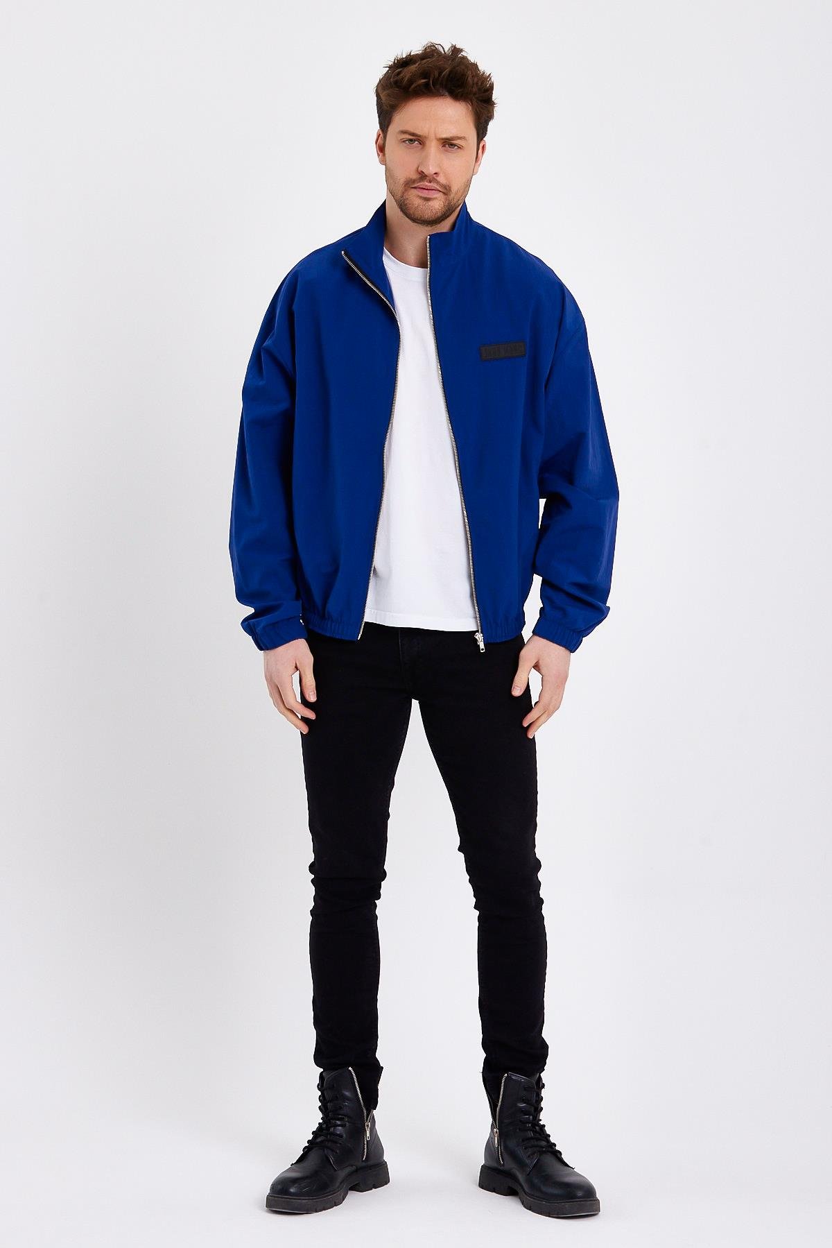 Fermuarlı Lacivert Crop Fit Erkek Yağmurluk
