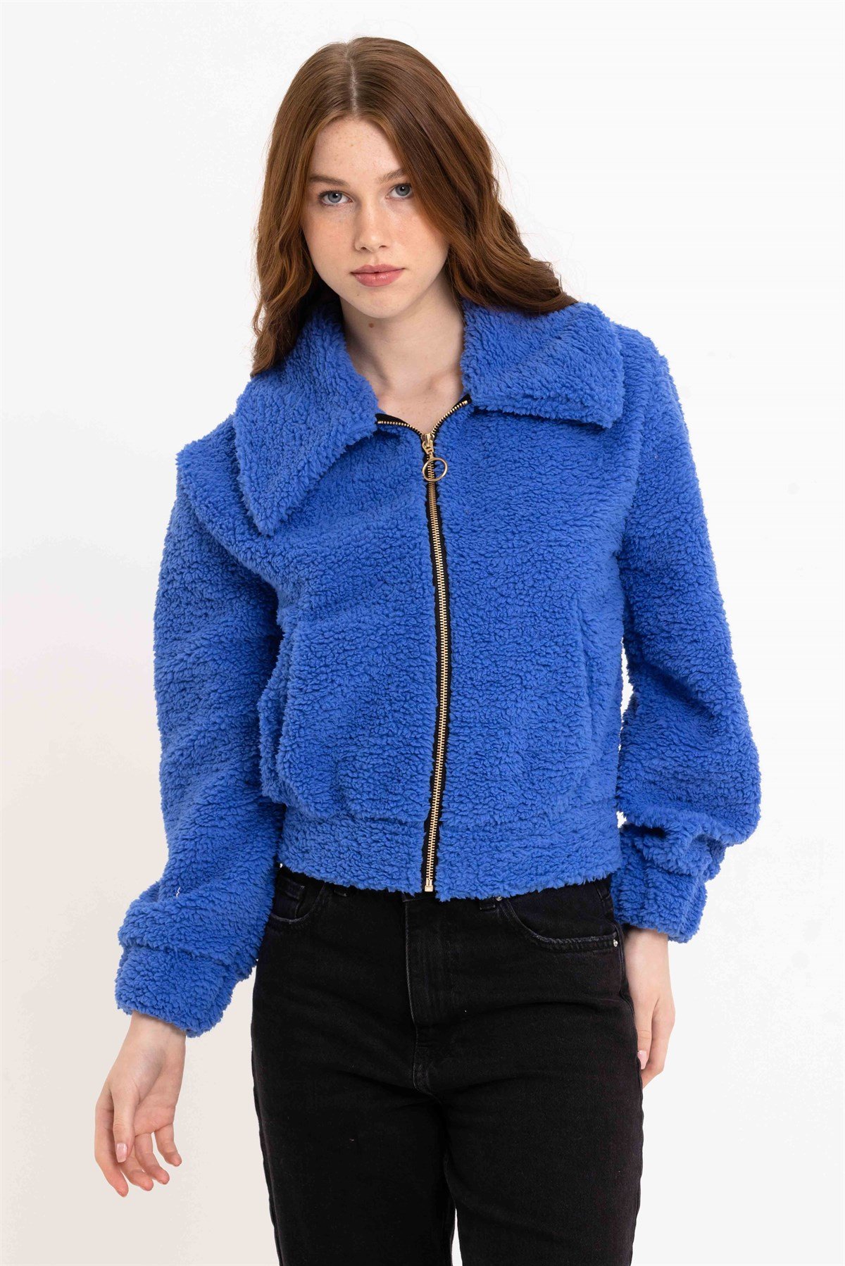 Fermuarlı Mavi Kadın Peluş Ceket
