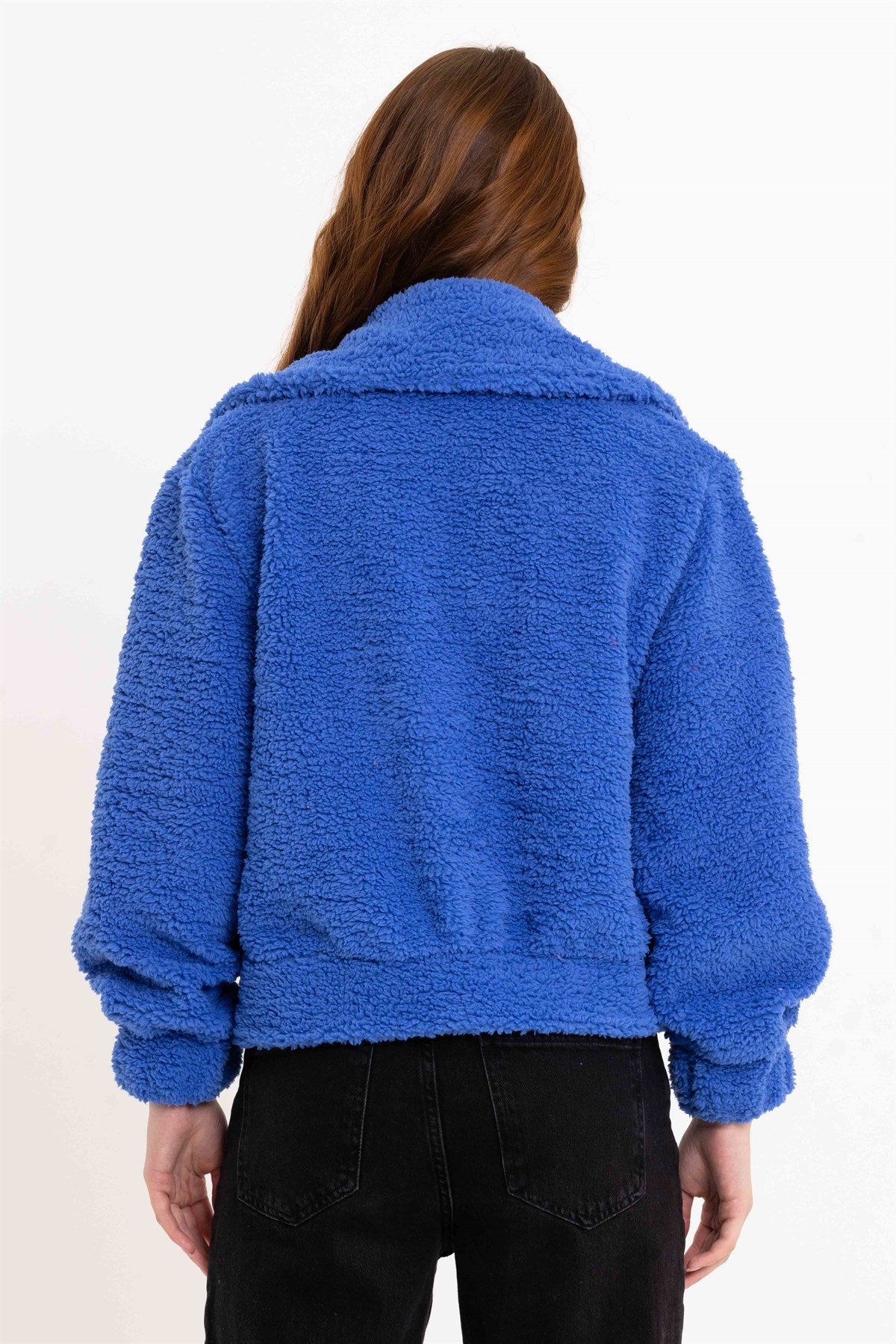 Fermuarlı Mavi Kadın Peluş Ceket