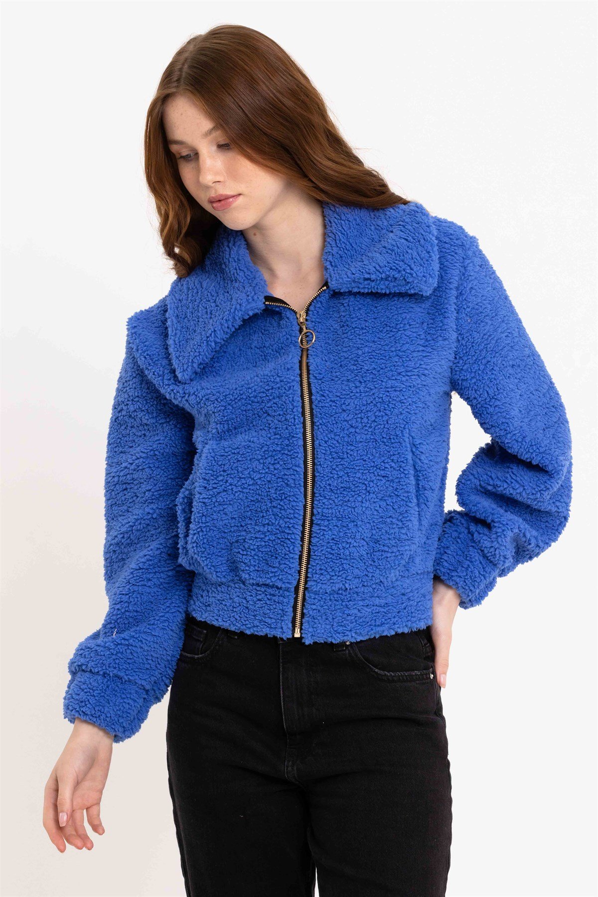 Fermuarlı Mavi Kadın Peluş Ceket