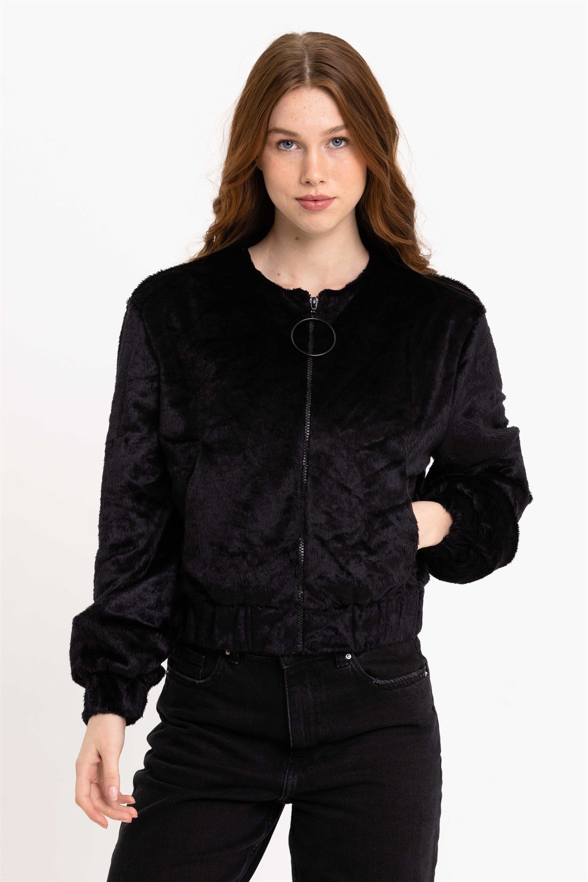 Fermuarlı Siyah Kadın Suni Kürk Ceket