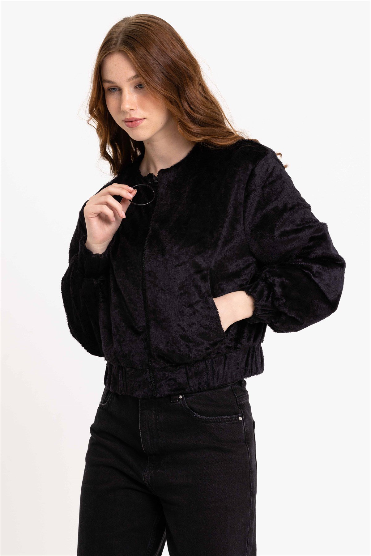 Fermuarlı Siyah Kadın Suni Kürk Ceket