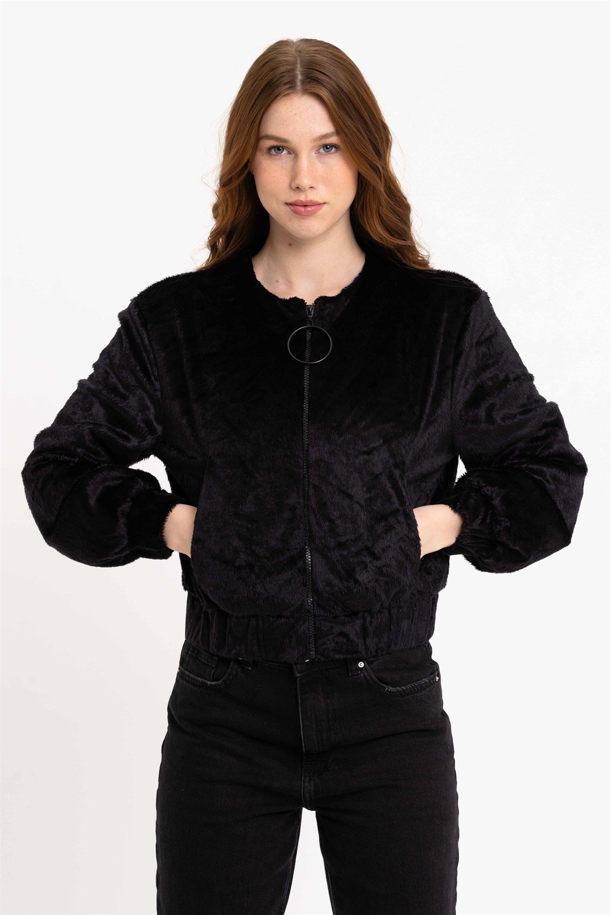 Fermuarlı Siyah Kadın Suni Kürk Ceket