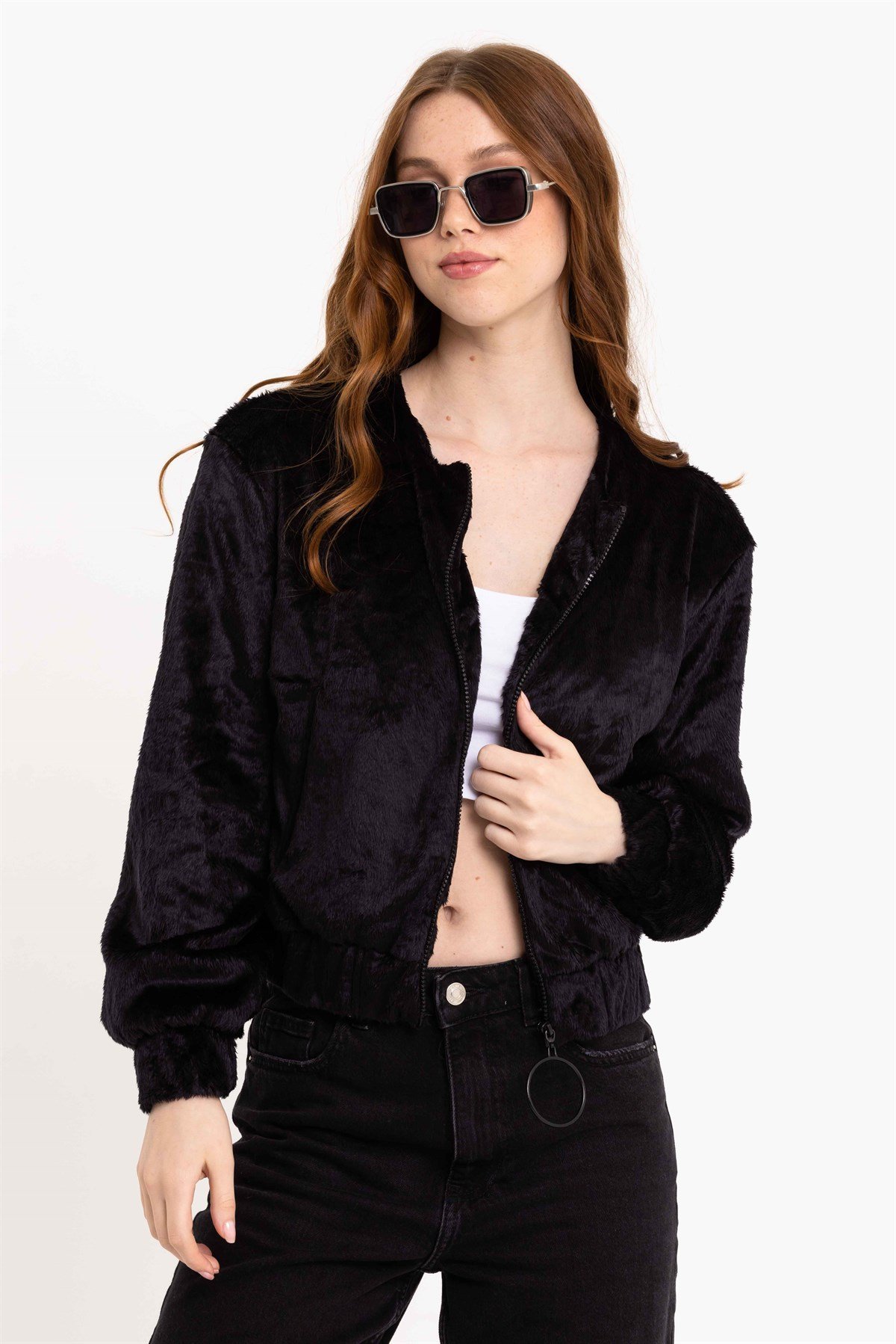Fermuarlı Siyah Kadın Suni Kürk Ceket