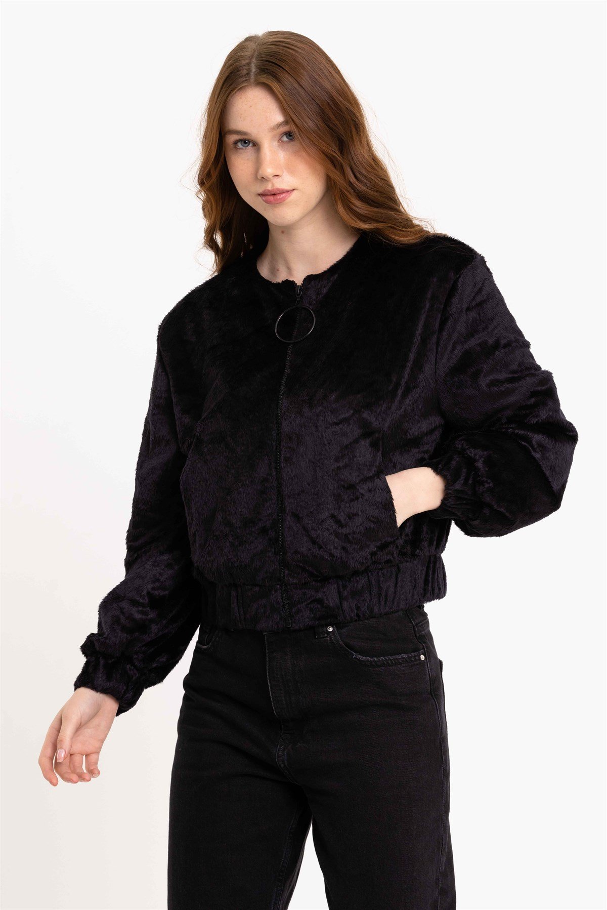Fermuarlı Siyah Kadın Suni Kürk Ceket