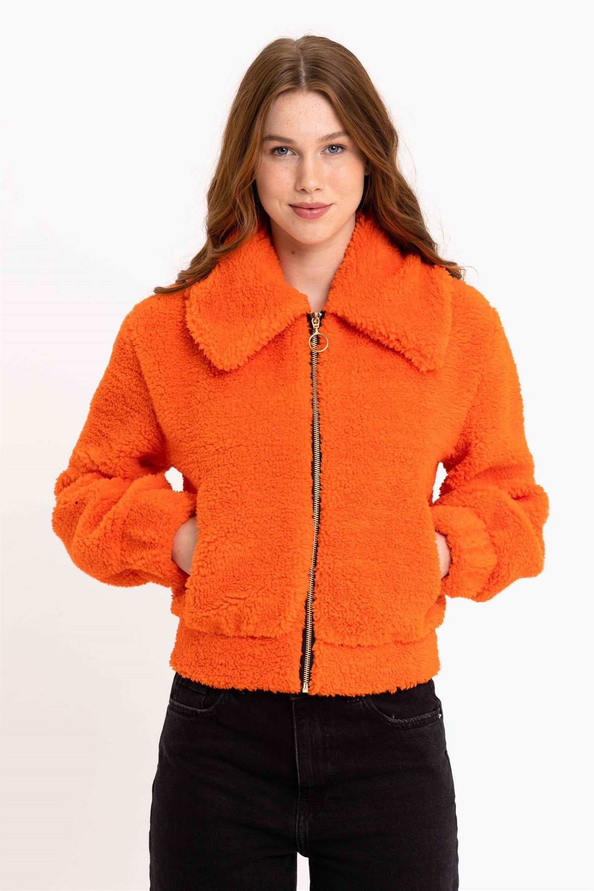 Fermuarlı Turuncu Kadın Peluş Ceket