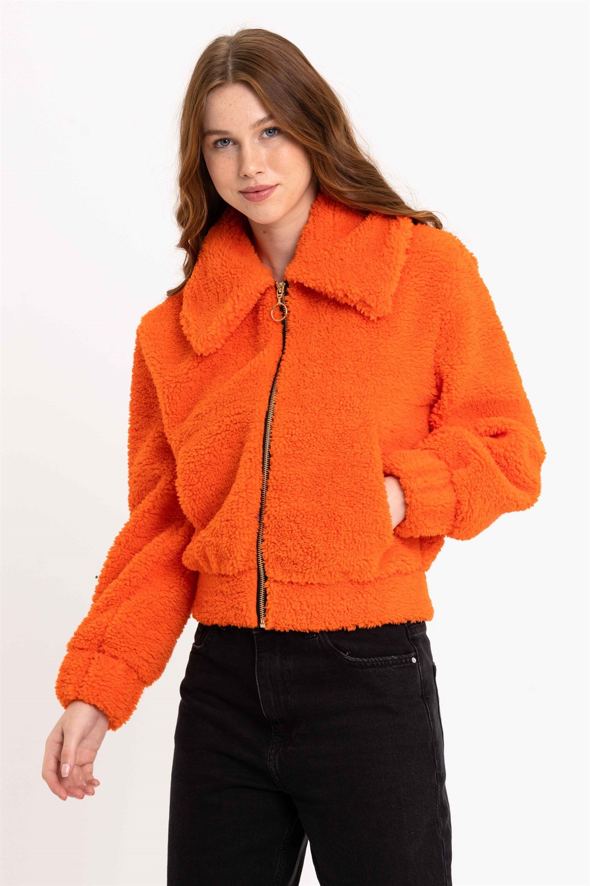 Fermuarlı Turuncu Kadın Peluş Ceket