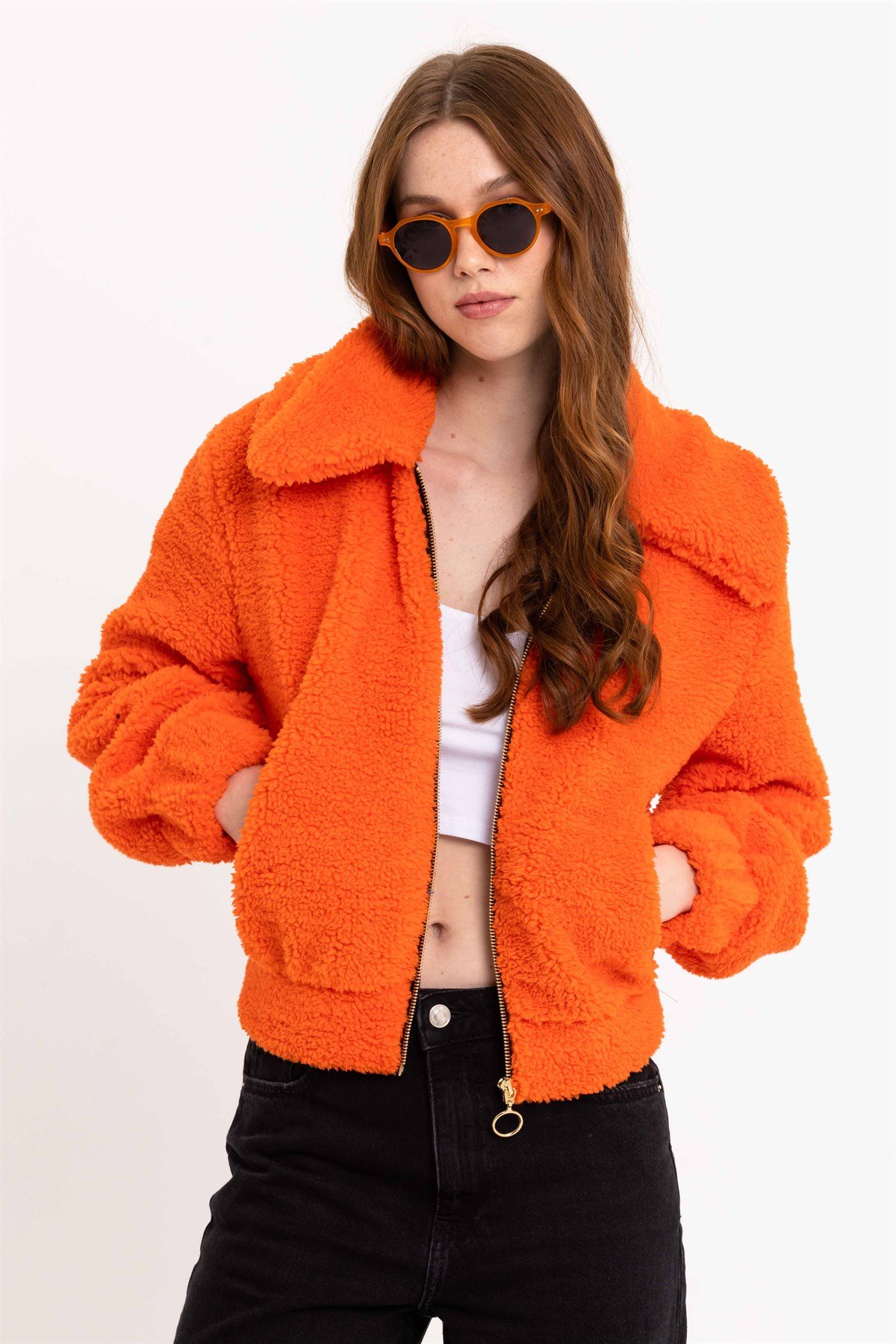 Fermuarlı Turuncu Kadın Peluş Ceket