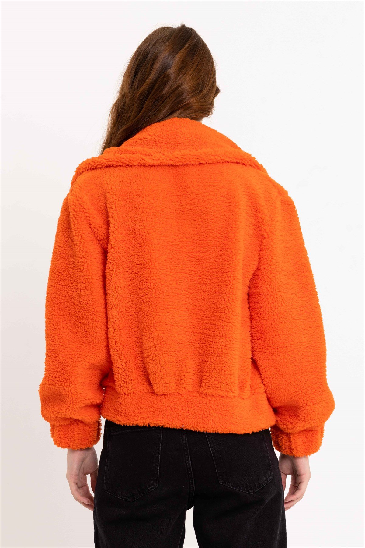 Fermuarlı Turuncu Kadın Peluş Ceket