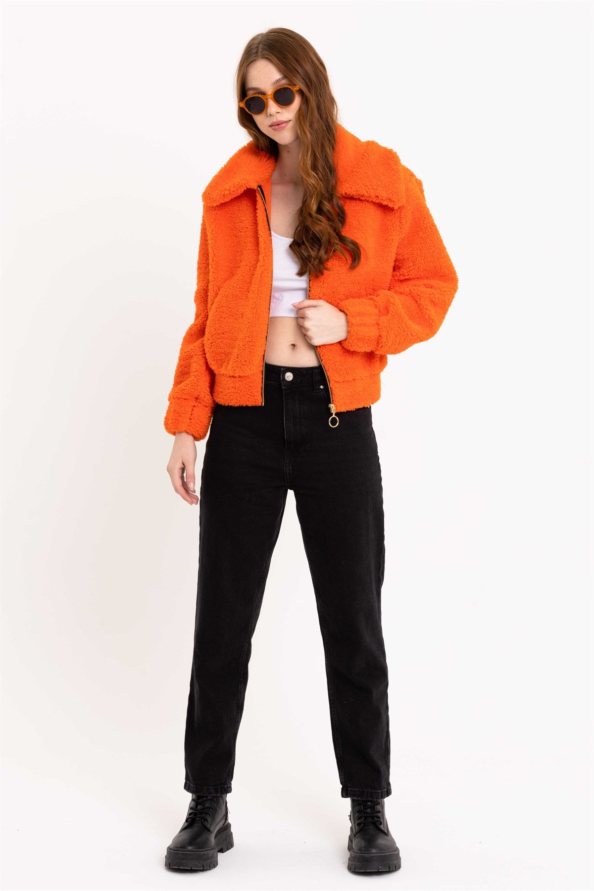 Fermuarlı Turuncu Kadın Peluş Ceket