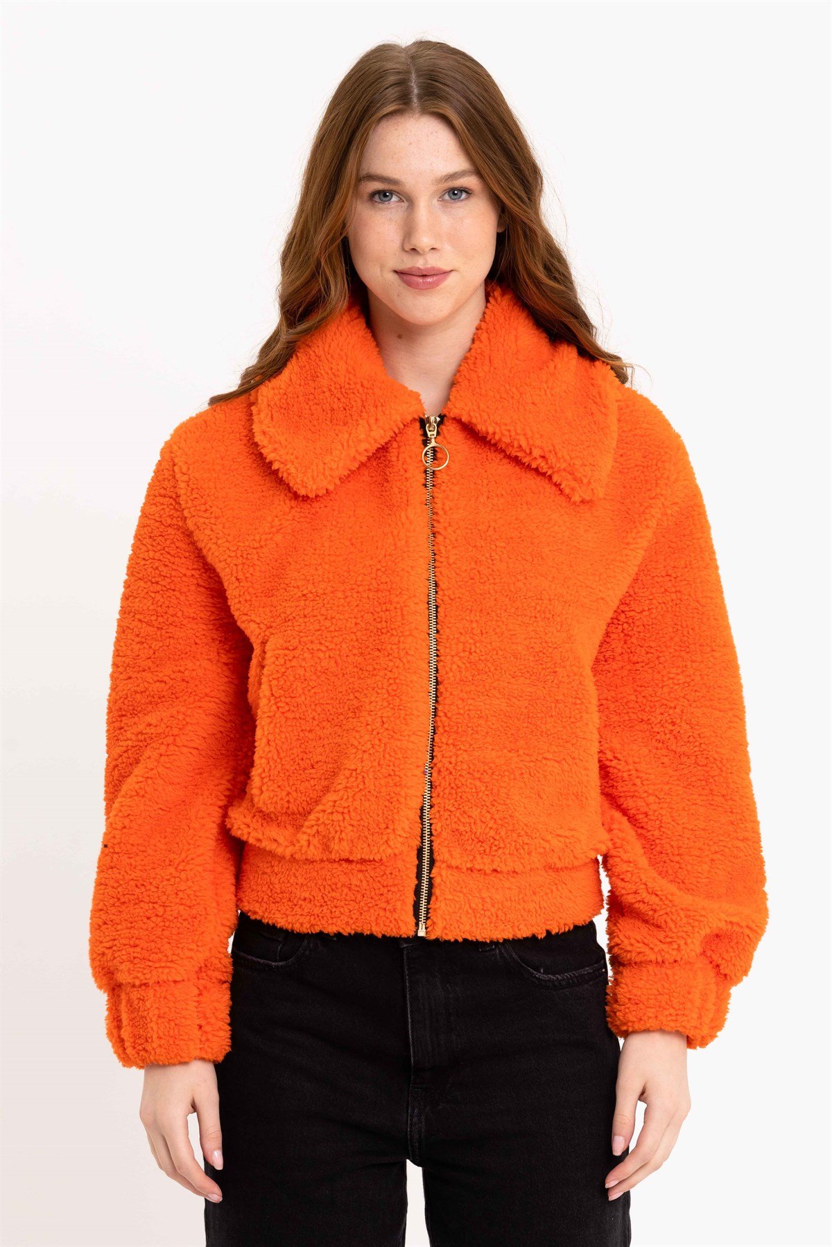 Fermuarlı Turuncu Kadın Peluş Ceket