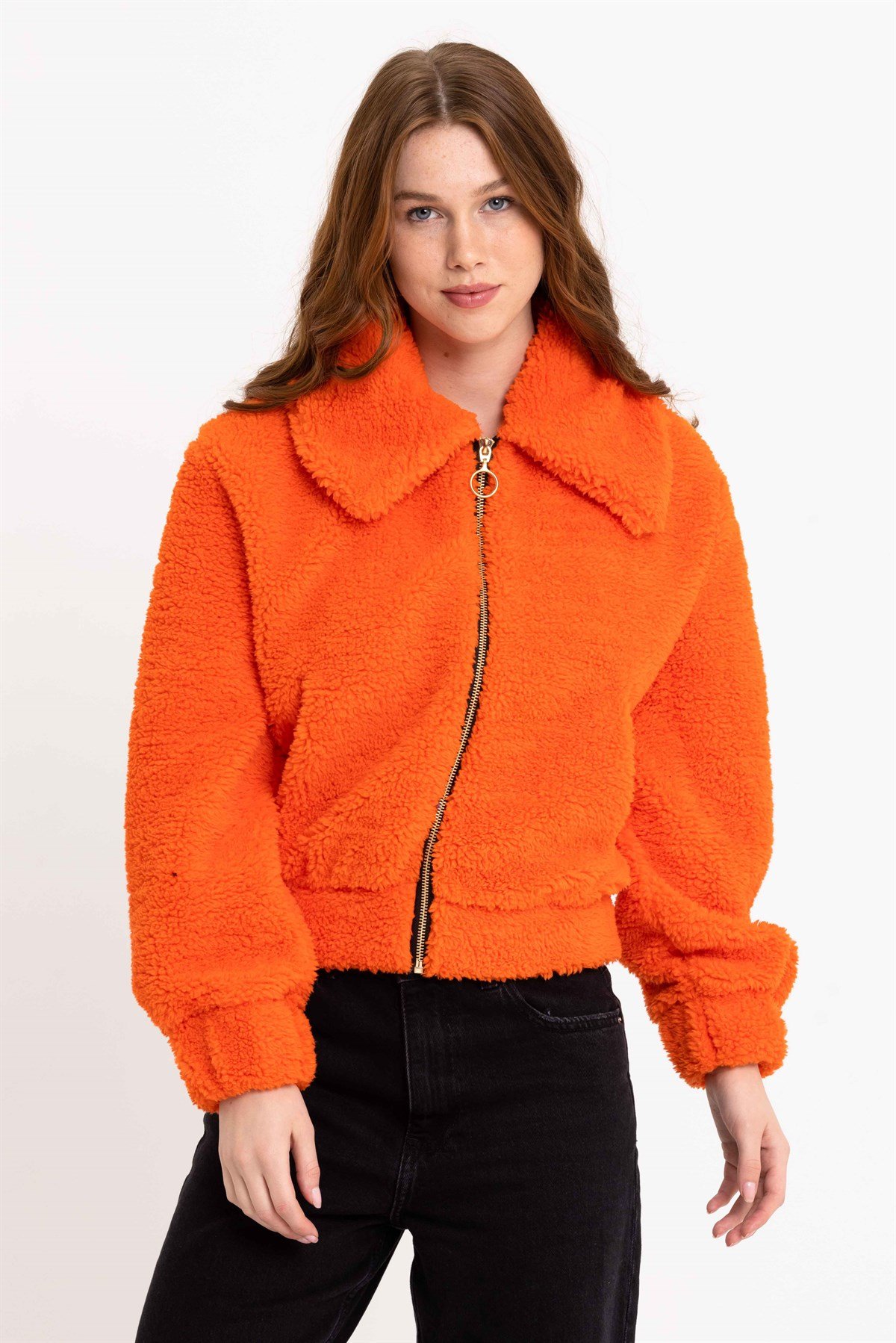 Fermuarlı Turuncu Kadın Peluş Ceket