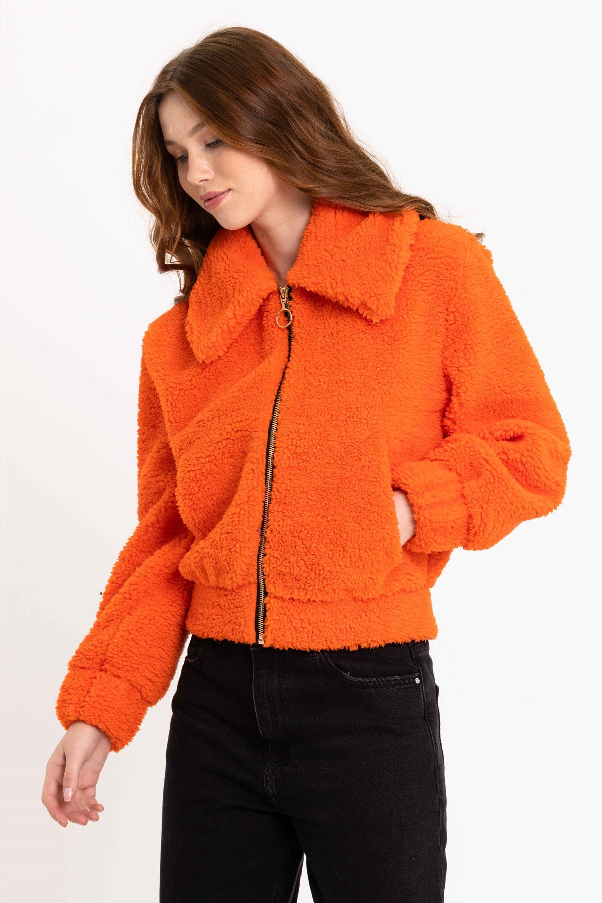 Fermuarlı Turuncu Kadın Peluş Ceket