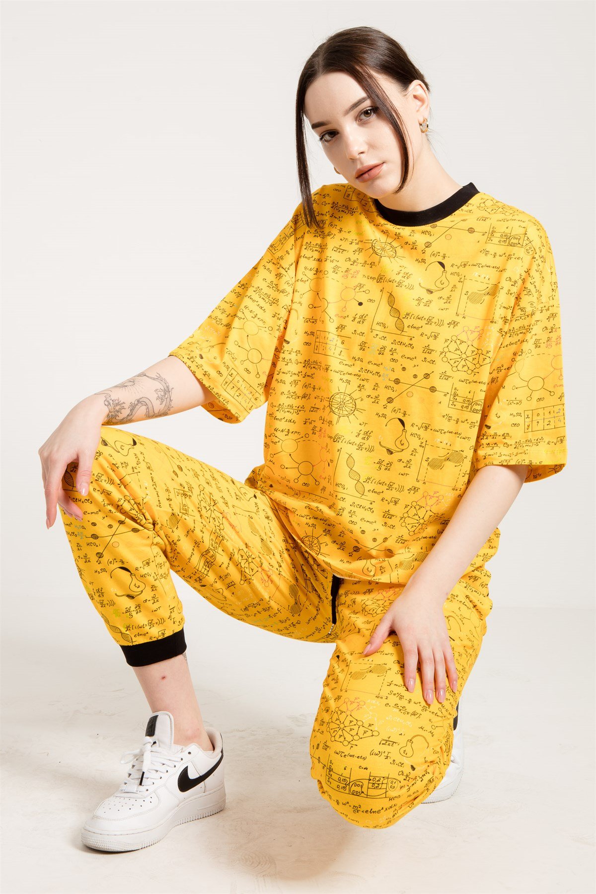 Formül Baskılı Oversize Sarı Kadın T-shirt