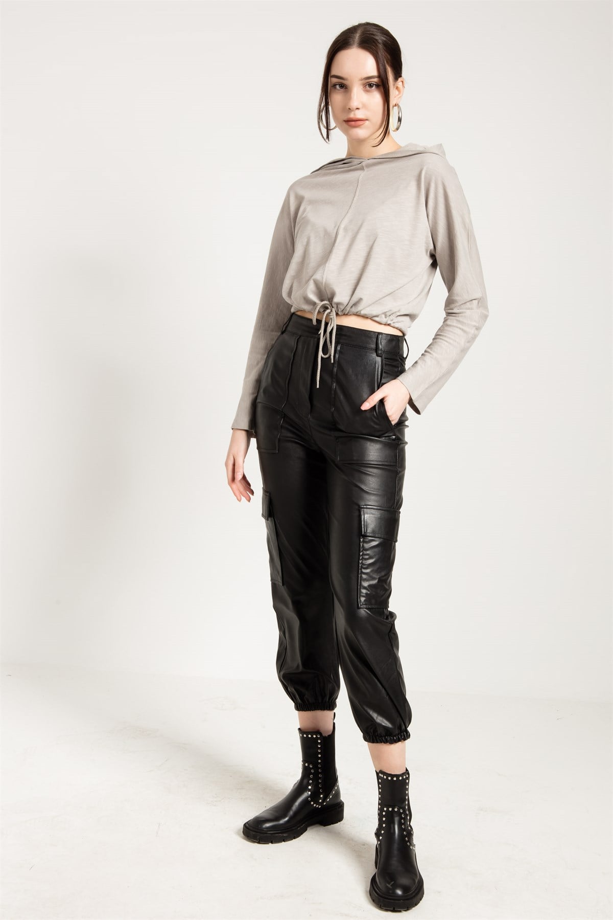 Cropped Hoodie in Grey with Dropped Shoulders
