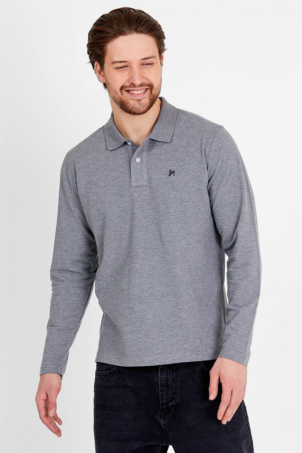Polo Collared T-shirt in Grey with Long Sleeves