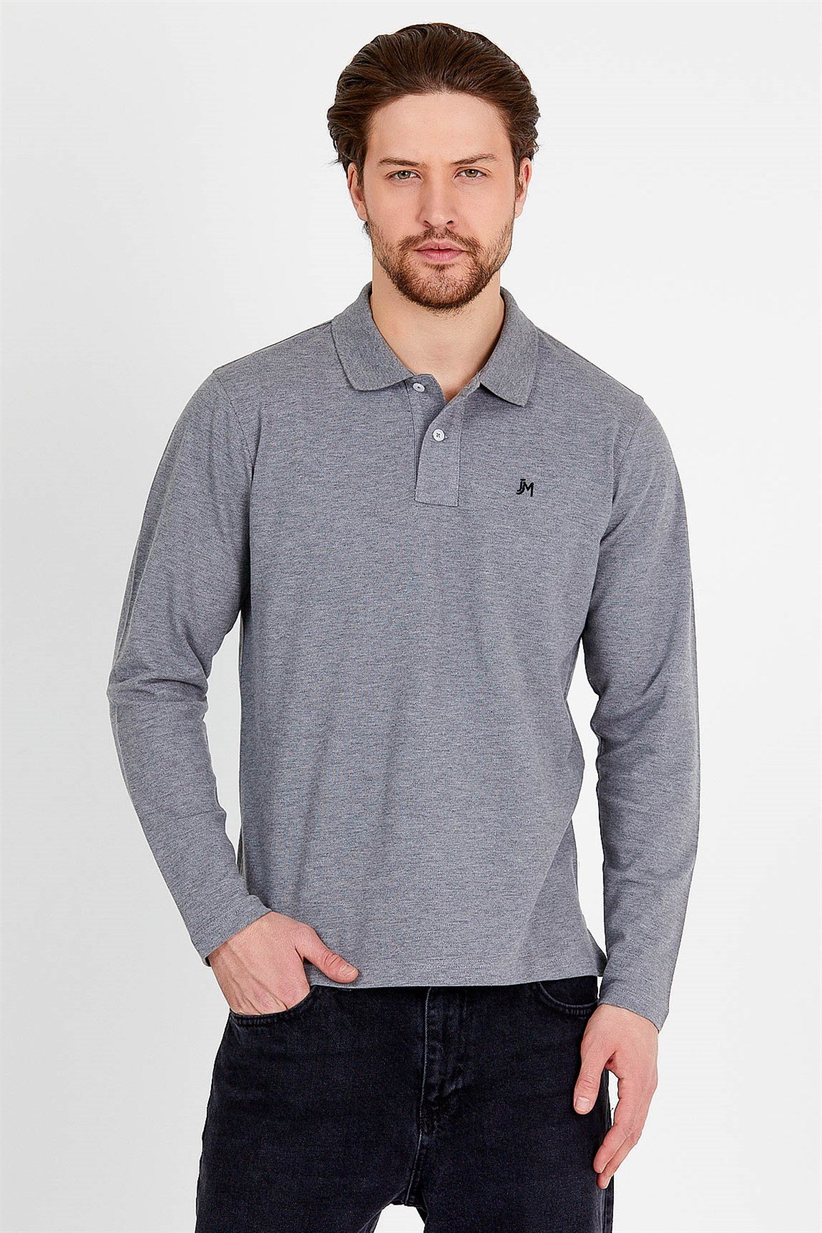 Polo Collared T-shirt in Grey with Long Sleeves