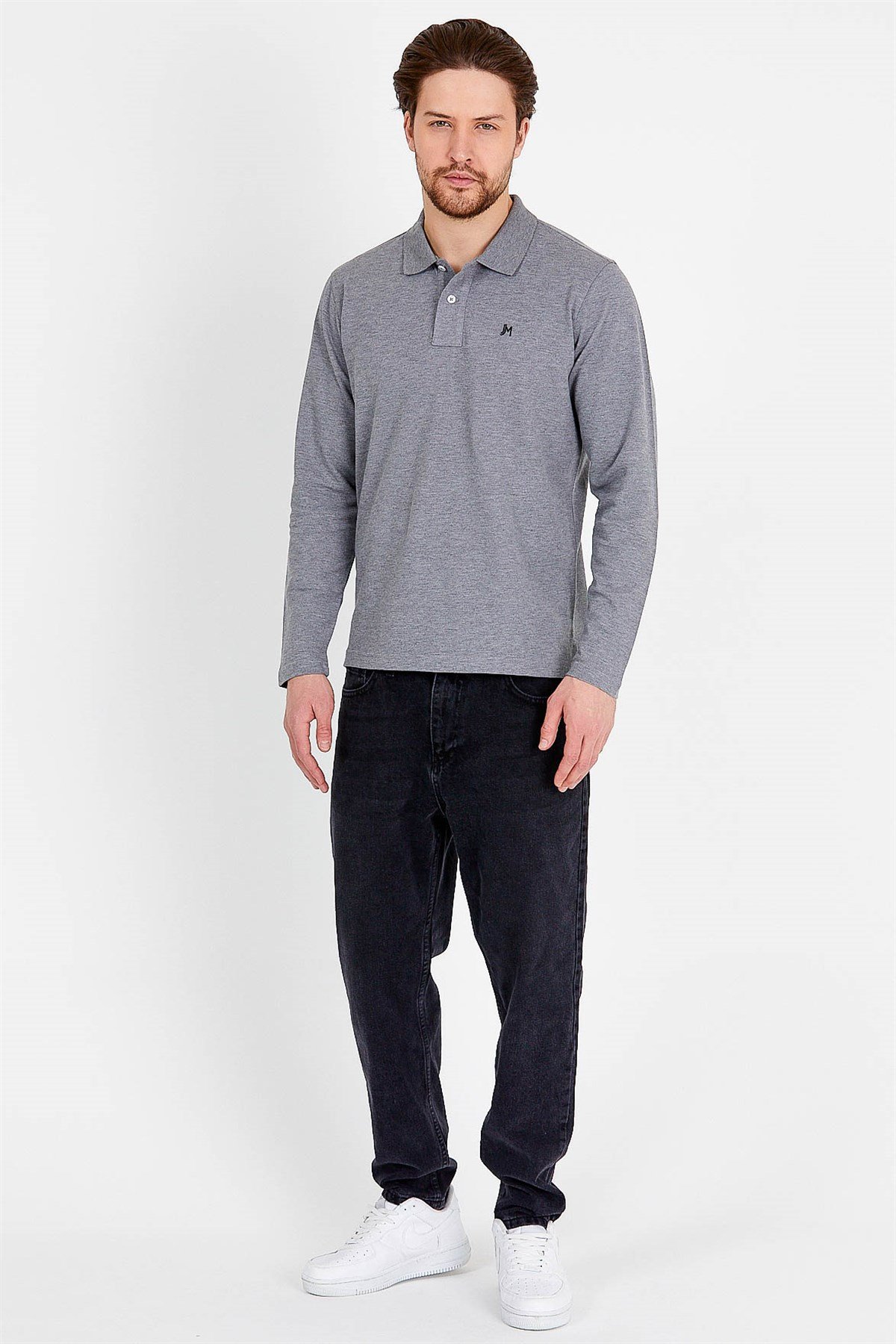 Polo Collared T-shirt in Grey with Long Sleeves