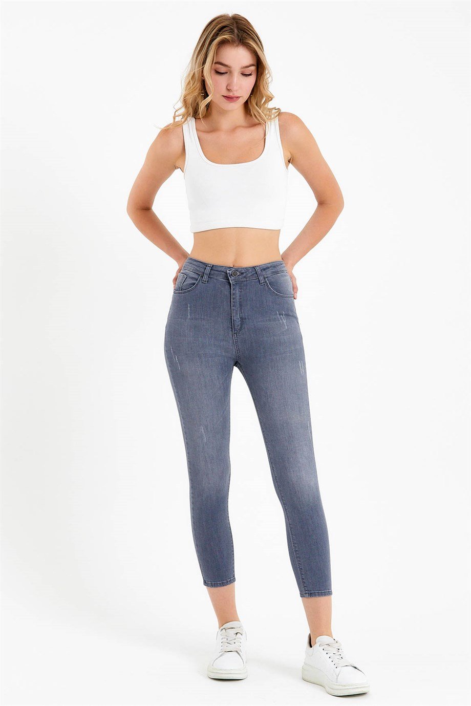 Gri Yüksek Bel Skinny Jeans