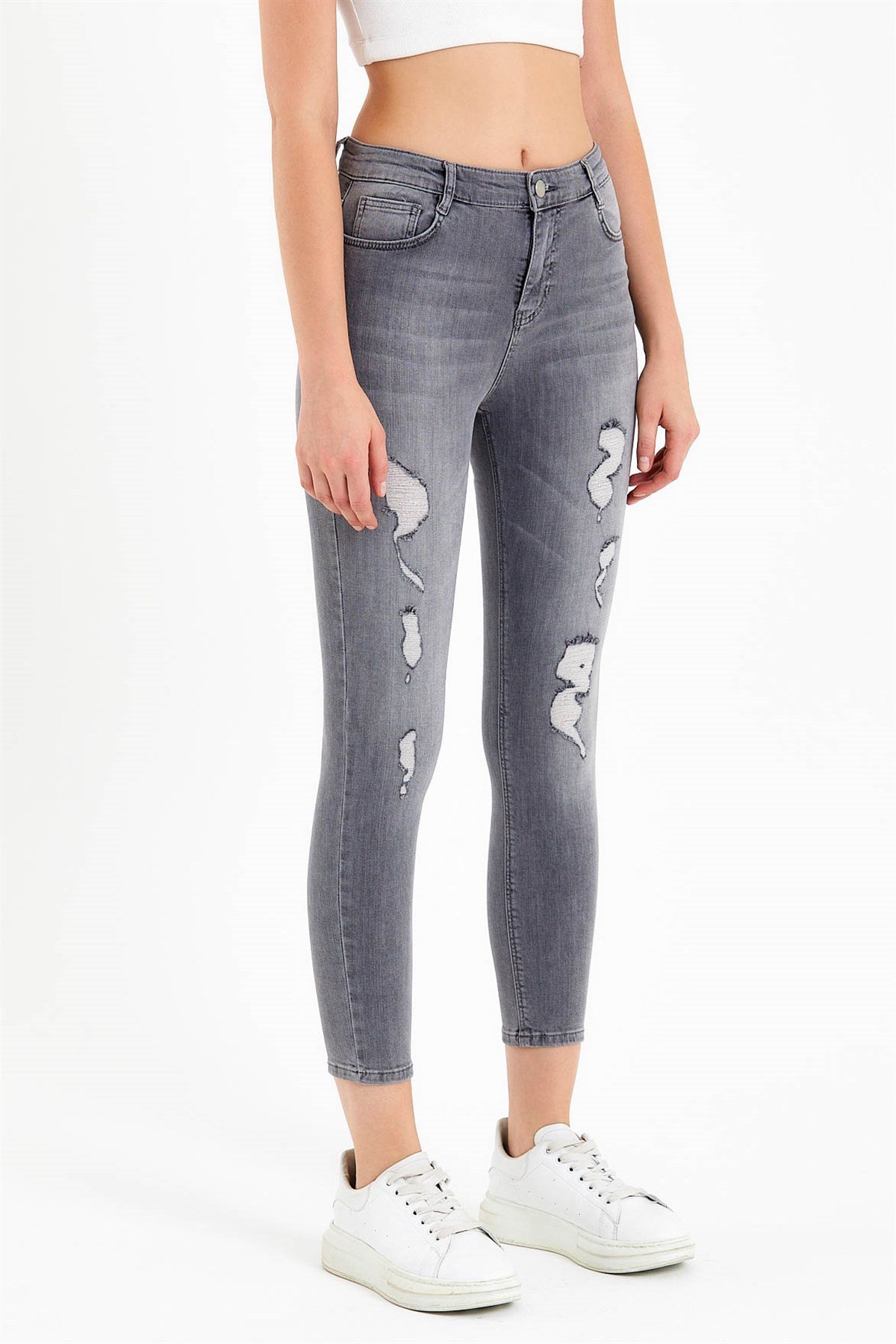 Gri Yüksek Bel Yırtık Detaylı Skinny Jean