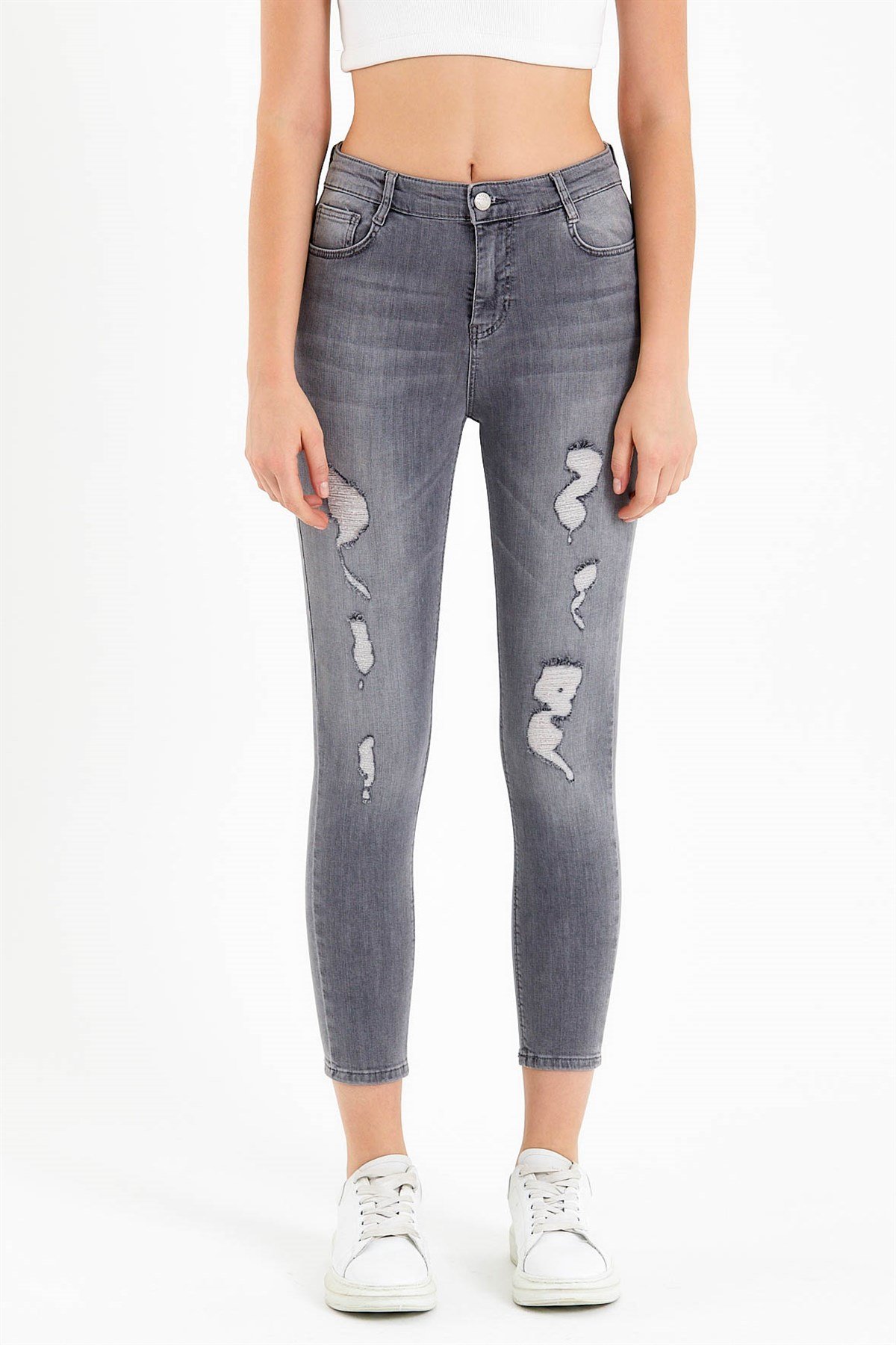 Gri Yüksek Bel Yırtık Detaylı Skinny Jean