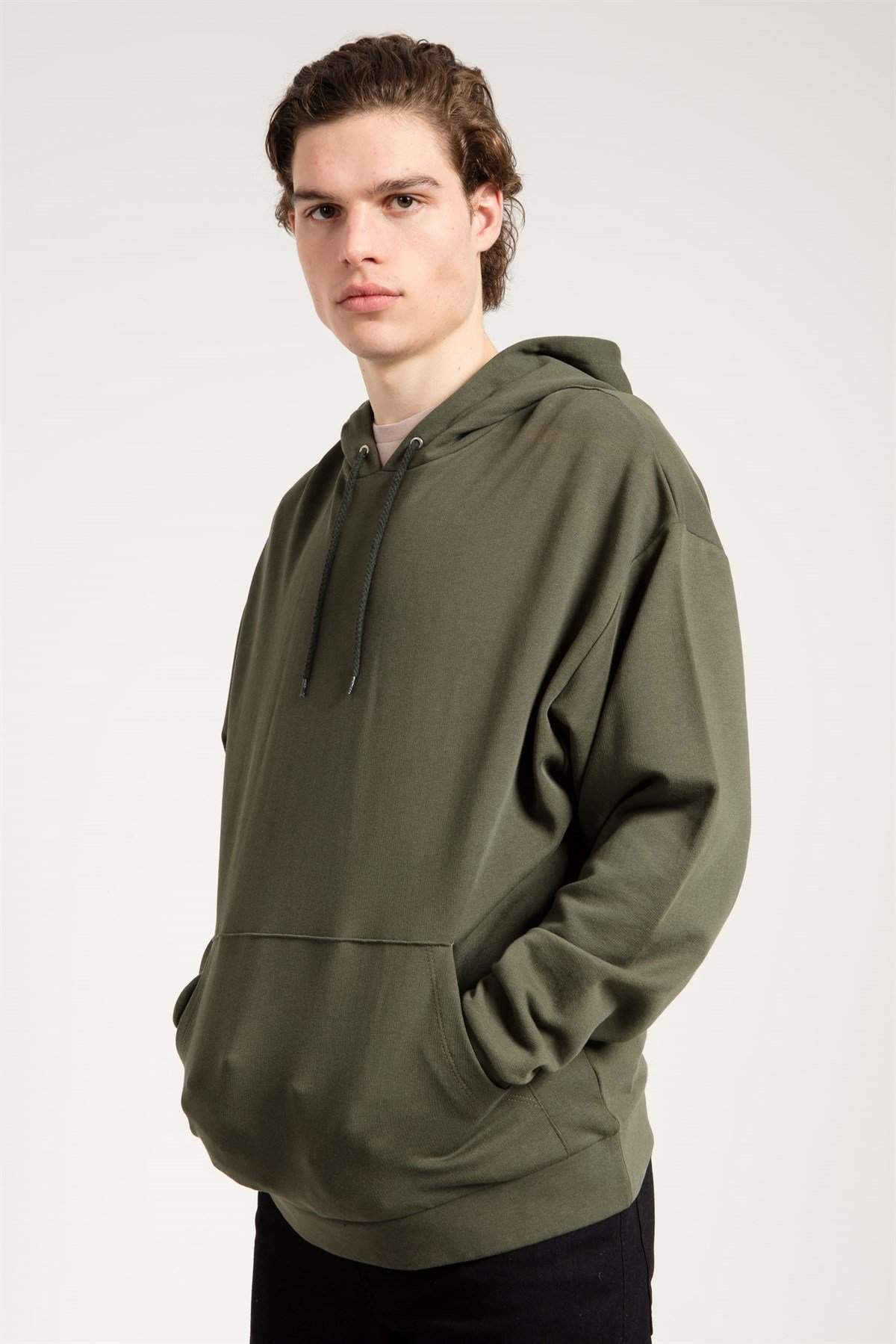 Oversized Hoodie in Khaki with Pouch Pocket