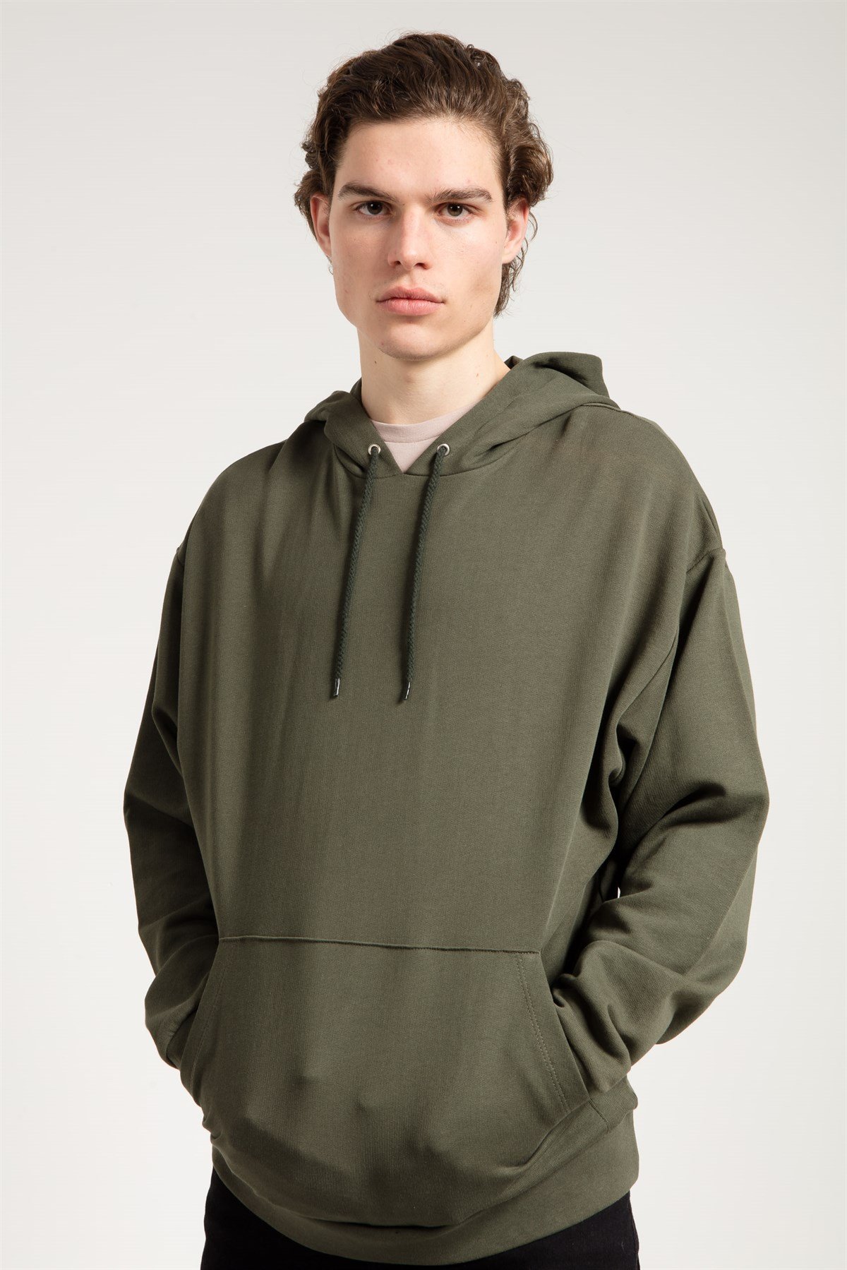 Oversized Hoodie in Khaki with Pouch Pocket