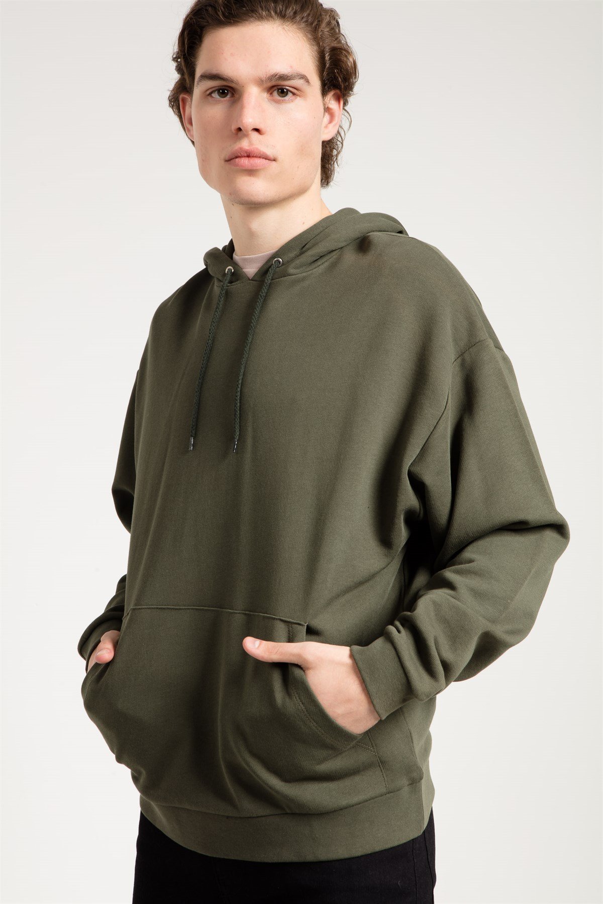 Oversized Hoodie in Khaki with Pouch Pocket