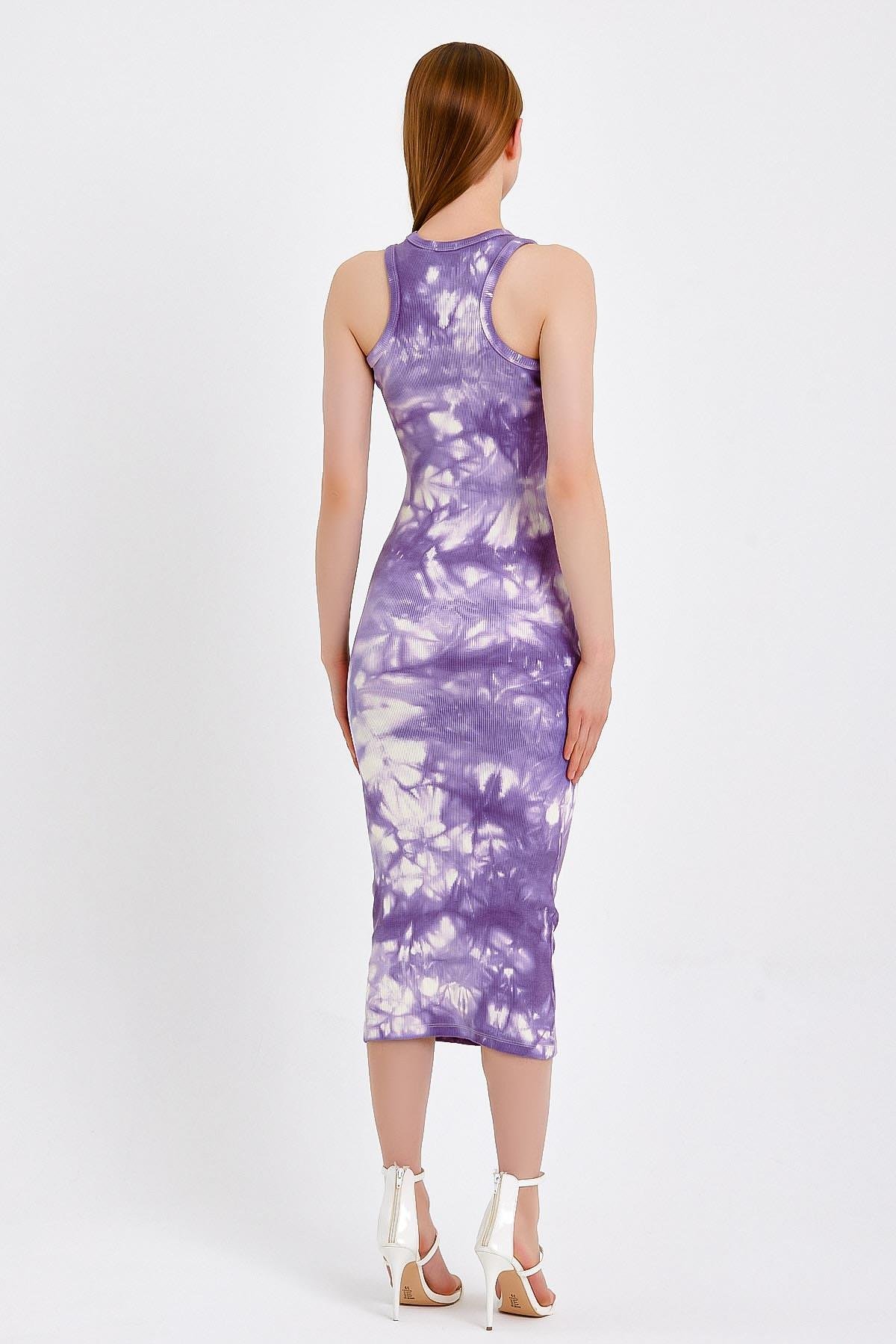 Batik Baskılı Sıfır Kol Mor Bodycon Elbise